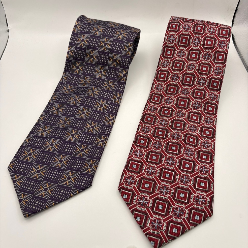Jos A Bank‎ Mens Silk Tie Lot 2 Purple Geometric Red Floral Medallion Hand Sewn